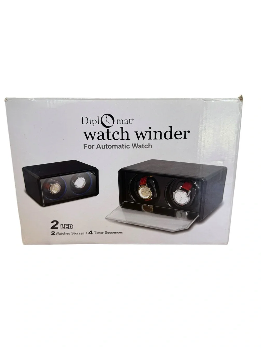 Diplomat 2 Watch Winder Black Automatic Watch Display Case LED Wood Grain